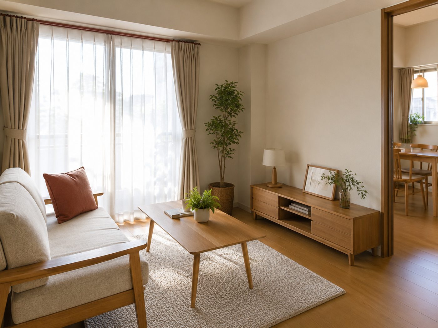 窓から光が差し込む、片付いた静かな住まいの室内